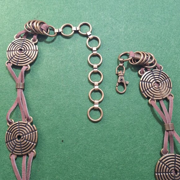 Boho Brass Spiral Medallion Leather Belt 46” Adjustable Festival Artsy Statement - Picture 5 of 7